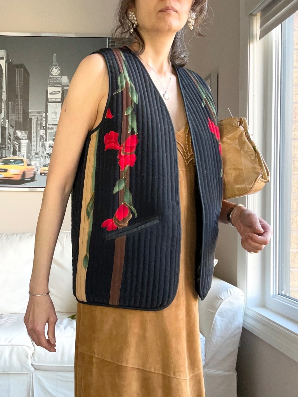 Open front quilted floral vest